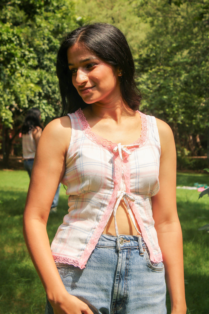 Blush Checks Lace tie-up Top