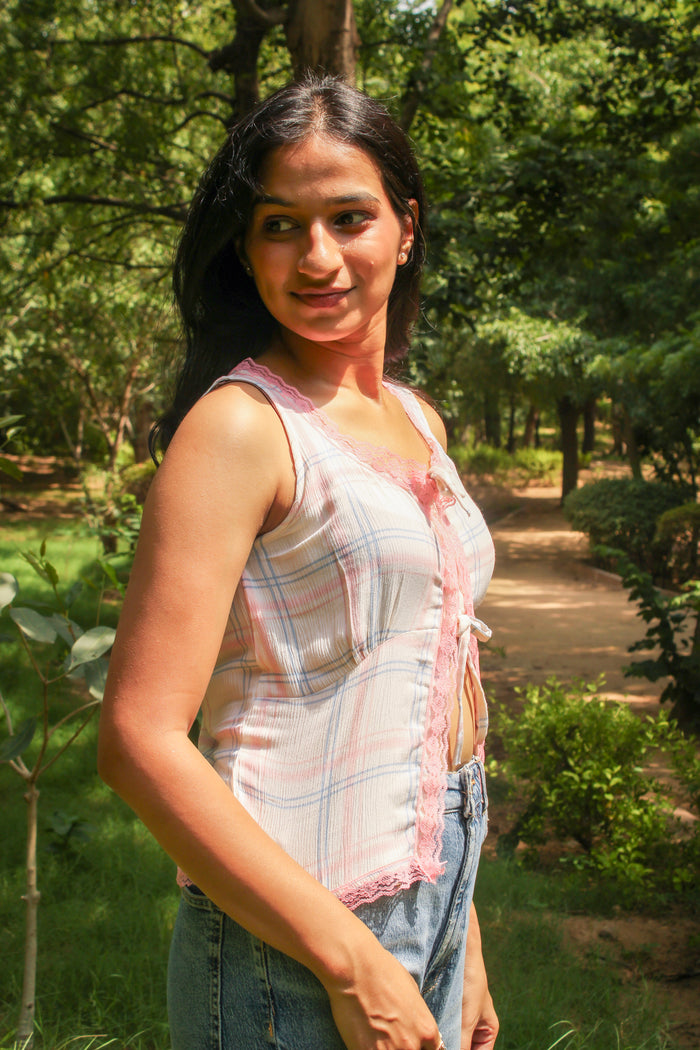 Blush Checks Lace tie-up Top